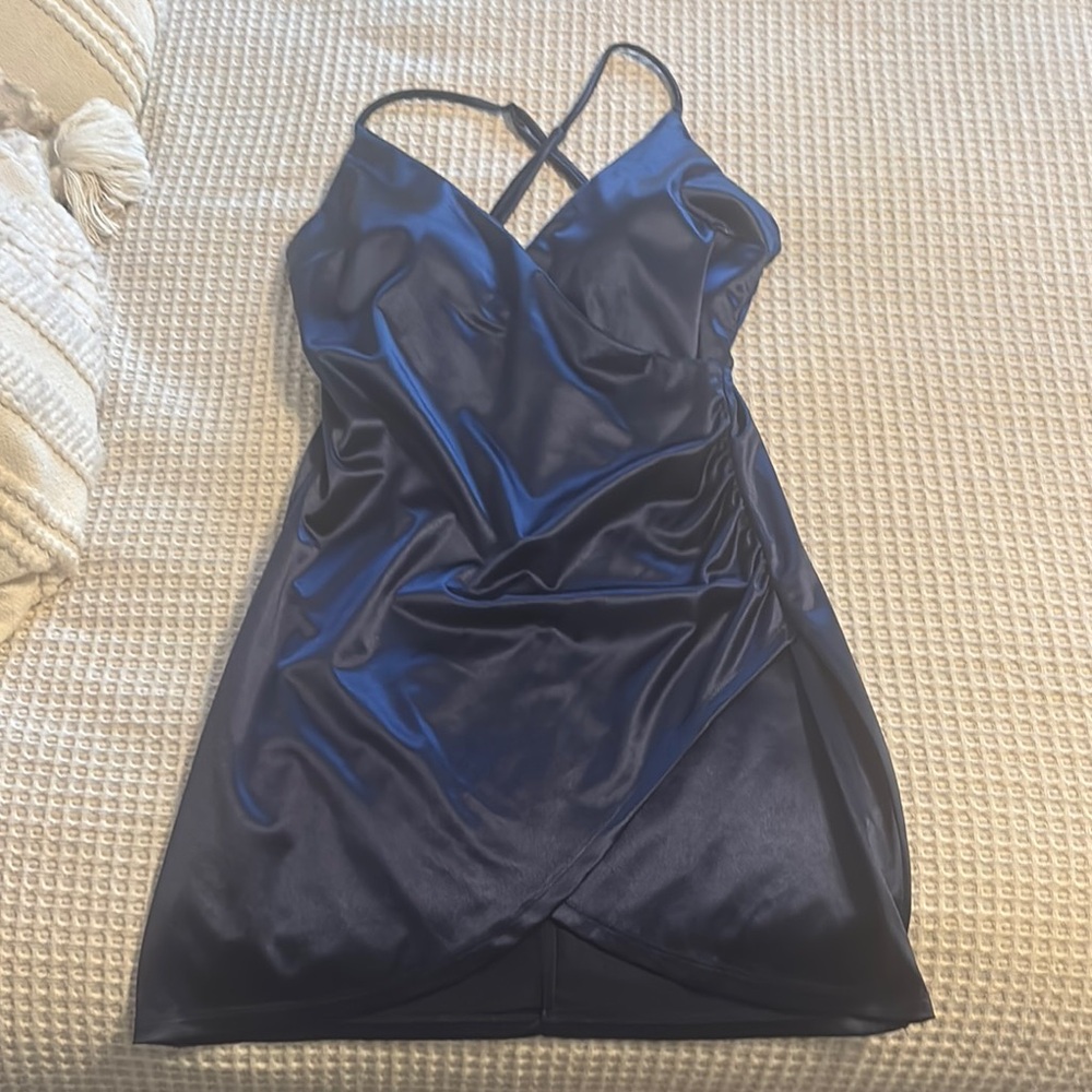 Speechless Navy Blue Satin Mini Dress perfect for Homecoming or weddings